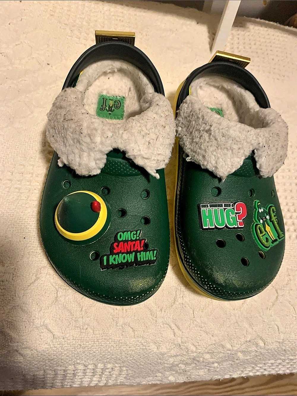 Crocs Classic Clog Kids Green & Yellow Fleece Slippers